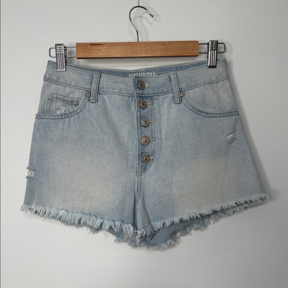 REWASH The Wedge Light Blue Button Fly Raw Hem Jean Shorts